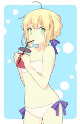  87banana ahoge artoria_pendragon_(fate) bare_arms bare_shoulders bikini blonde_hair blue_ribbon braid breasts commentary cup drinking_straw fate/hollow_ataraxia fate/stay_night fate_(series) female green_eyes hair_ribbon long_hair navel official_alternate_costume ribbon saber_(fate) solo strapless strapless_bikini swimsuit white_bikini 