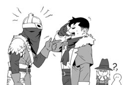  2boys \m/ armor ascot bad_id bad_pixiv_id bandana bounty_hunter_(darkest_dungeon) capotain coat commentary_request darkest_dungeon female fur_trim gloves graverobber_(darkest_dungeon) greyscale helmet highres highwayman_(darkest_dungeon) long_hair monochrome multiple_boys overcoat scale_armor short_hair silhouette sweat varamill veil 