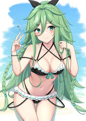  akahi242 bikini black_bikini blush breasts cleavage cowboy_shot female green_eyes green_hair hair_between_eyes hair_ornament hair_ribbon hairclip highres kantai_collection large_breasts long_hair looking_at_viewer navel ponytail ribbon solo stomach swimsuit thigh_gap yamakaze_(kancolle) yamakaze_kai_ni_(kancolle) yamakaze_kai_ni_(swimsuit_mode)_(kancolle) 