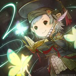  1boy 3others artist_name book copyright_notice eos_(ff14) fairy final_fantasy final_fantasy_xiv gloves green_eyes grey_hair hat highres holding holding_book lalafell looking_at_another male_focus multiple_others official_art pointy_ears quill robe scholar_(final_fantasy) selene_(ff14) shibahara_kotone signature smile warrior_of_light_(ff14) writing 