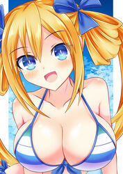  :d bikini blue_eyes blue_ribbon blush breasts cleavage commentary_request female hair_between_eyes hair_ribbon hair_rings happy highres kyou_(hibikit) large_breasts leaning_forward long_hair looking_at_viewer neptune_(series) orange_hair orange_heart_(neptunia) power_symbol power_symbol-shaped_pupils ribbon shin_jigen_game_neptune_vii smile solo striped_bikini striped_clothes swimsuit symbol-shaped_pupils twintails upper_body very_long_hair 