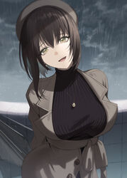  absurdres arms_behind_back bad_id bad_pixiv_id black_sweater brown_coat brown_eyes cloud cloudy_sky coat female grey_sky hat head_tilt highres jewelry looking_at_viewer mamima medium_hair necklace open_mouth original rain ribbed_sweater sky solo sweater turtleneck turtleneck_sweater 