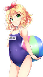  aru_(arudes) ball bare_legs bare_shoulders beachball blonde_hair blue_one-piece_swimsuit blush breasts character_name closed_mouth collarbone covered_navel cowboy_shot dot_nose female green_eyes hair_ribbon hairband highres holding holding_ball holding_beachball idolmaster idolmaster_cinderella_girls idolmaster_cinderella_girls_starlight_stage index_finger_raised looking_at_viewer name_tag one-piece_swimsuit red_hairband red_ribbon ribbon sakurai_momoka school_swimsuit short_hair simple_background small_breasts smile solo standing swimsuit white_background 