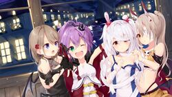  4girls ;d adapted_costume alternate_costume animal_ears armpits ayanami_(azur_lane) ayanami_(witch_in_ambush)_(azur_lane) azur_lane bandage_over_one_eye bandaged_arm bandages bat_wings black_gloves blue_eyes breasts brown_hair building cape cleavage collarbone commentary_request crown fake_animal_ears fingerless_gloves gloves green_eyes grey_hair hair_ornament hairclip halloween halloween_costume headgear highres javelin_(azur_lane) laffey_(azur_lane) long_hair looking_at_viewer midriff mini_crown multiple_girls navel night night_sky official_alternate_costume one_eye_closed open_mouth orange_eyes parted_lips pleated_skirt ponytail purple_hair rabbit_ears red_eyes short_hair skirt sky smile t-bth twintails white_hair window wings z23_(azur_lane) z23_(the_banquet&#039;s_honor_student)_(azur_lane) 