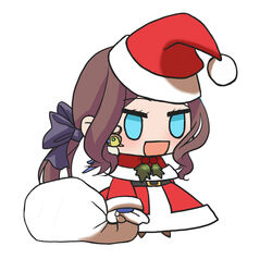  :d alternate_costume blush brown_footwear brown_hair chibi christmas fate/grand_order fate_(series) female fur-trimmed_jacket fur_trim gift_bag hat highres holding holding_sack jacket kkeiixxx leonardo_da_vinci_(fate) leonardo_da_vinci_(rider)_(fate) long_hair long_sleeves meme no_pupils padoru_(meme) pants red_hat red_jacket red_pants sack santa_costume santa_hat sidelocks simple_background smile solo white_background 