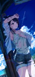  aircraft airplane arm_on_own_head arm_up armpits blue_sky blurry blurry_background blush bra_visible_through_clothes breasts camisole cloud collarbone contrail cumulonimbus_cloud day denim denim_shorts female from_below highres hot idolmaster idolmaster_shiny_colors kazano_hiori medium_breasts open_mouth outdoors ribbed_camisole sakatsuki_yakumo scenery see-through see-through_shirt shadow shirt shirt_hold short_shorts shorts sky solo sparkling_sweat summer sweat sweaty_clothes wavy_mouth wet wet_hair white_shirt wiping_sweat 