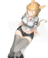  :d absurdres animal_ears arknights arm_strap black_shorts blonde_hair blush braid breasts cleavage closed_eyes collared_shirt commentary feet_out_of_frame female from_above grey_shirt grey_thighhighs highres knees_up kroos_(arknights) kroos_the_keen_glint_(arknights) large_breasts long_hair navel on_floor open_clothes open_fly open_mouth open_shorts rabbit_ears shirt short_shorts short_sleeves shorts single_braid sitting smile solo stomach symbol-only_commentary thigh_gap thighhighs unitsu very_long_hair 