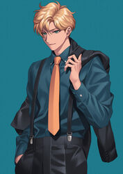  bad_id bad_pixiv_id bishoujo_senshi_sailor_moon black_jacket black_pants blonde_hair blue_background blue_shirt closed_mouth collared_shirt cowboy_shot female green_eyes hand_in_pocket hand_up jacket jacket_on_shoulders long_sleeves looking_to_the_side necktie orange_necktie pants reverse_trap shirt short_hair simple_background smile solo sora_yoshitake_yuda suspenders ten&#039;ou_haruka 