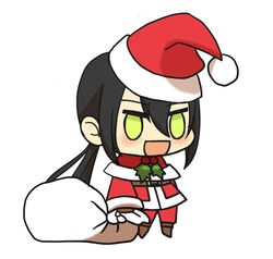  1boy :d alternate_costume black_hair blush brown_footwear chibi christmas fate/grand_order fate_(series) fur-trimmed_jacket fur_trim gift_bag hat highres holding holding_sack jacket kkeiixxx long_hair long_sleeves male_focus meme no_pupils padoru_(meme) pants red_hat red_jacket red_pants sack santa_costume santa_hat simple_background smile solo white_background yan_qing_(fate) yellow_eyes 