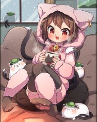  &gt;_&lt; 0_0 :3 :d alternate_costume animal_ear_fluff animal_ear_piercing animal_ears bell black_footwear blush brown_eyes brown_hair calendar_(object) cat_ears cat_tail chen closed_eyes commentary_request couch curtains cushion dress eyelashes female happy highres hood hoodie ibaraki_natou indoors jewelry jingle_bell kneehighs long_hoodie long_sleeves looking_at_viewer looking_away mochen multiple_tails oerba_yun_fang open_mouth paw_print_soles pink_dress pink_hoodie short_hair sitting smile socks solo tail touhou two_tails window 