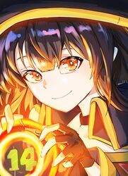  absurdres birthday black_cape black_choker black_gloves black_headwear brown_hair cape choker close-up closed_mouth collarbone commentary female fingerless_gloves gloves glowing hair_between_eyes highres holding kono_subarashii_sekai_ni_shukufuku_wo! megumin poolpool portrait red_eyes short_hair_with_long_locks sidelocks smile solo 