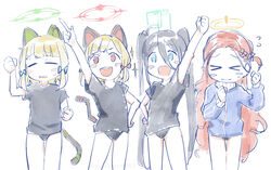  &gt;_&lt; 4girls :d alternate_costume animal_ears aris_(blue_archive) bad_id bad_twitter_id black_hair black_panties black_shirt blonde_hair blue_archive blue_eyes blue_jacket brown_hair cat_ears cat_tail chibi closed_eyes closed_mouth flying_sweatdrops game_development_department_(blue_archive) halo hand_on_own_hip hand_up highres inactive_account jacket kumanomi long_hair long_sleeves mechanical_ears mechanical_tail midori_(blue_archive) momoi_(blue_archive) multiple_girls panties pointing pointing_up shirt short_sleeves siblings sisters smile standing tail track_jacket twins twintails underwear very_long_hair yuzu_(blue_archive) 