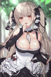  azur_lane bare_shoulders between_breasts black_bow black_dress blurry bow breasts brown_hair cleavage commentary day detached_collar dress female forest formidable_(azur_lane) frilled_dress frills hairbow hand_up highres kon_(k0n16) large_breasts long_hair long_sleeves looking_at_viewer nature outdoors parted_lips red_eyes smile solo sunlight tree twintails upper_body very_long_hair 