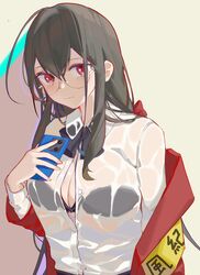  ahoge armband azur_lane black_bow black_bra bow bra bra_visible_through_clothes breasts button_gap cellphone cleavage collared_shirt commentary_request crossed_bangs female huge_ahoge jacket kylin_47 large_breasts long_hair long_sleeves official_alternate_costume partially_unbuttoned phone red_eyes red_jacket round_eyewear see-through shirt simple_background smartphone solo taihou_(azur_lane) taihou_(sweet_time_after_school)_(azur_lane) underwear upper_body very_long_hair wet wet_clothes wet_shirt white_shirt yellow_armband 