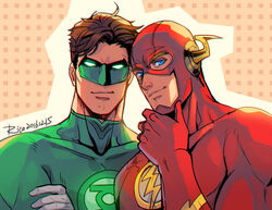  2boys animification barry_allen blue_eyes bodysuit brown_hair closed_mouth dc_comics domino_mask gloves green_bodysuit green_lantern green_lantern_(series) hal_jordan hand_on_own_chin hand_up looking_at_viewer male_focus mask multiple_boys muscular muscular_male red_bodysuit redrico short_hair smile superhero_costume the_flash the_flash_(series) upper_body white_gloves 