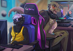  angry anthro ariana_&#039;ari&#039;_(darkflamewolf) blush chair computer_keyboard crocodile crocodilian crocodylid duo electronics eyewear female furniture game_screen gaming gaming_chair glasses headgear headphones headset headset_microphone hybrid interspecies kammi-lu keyboard legend_of_ahya male mammal mephitid monitor playing_video_game reptile scalie shell sitting size_difference skunk steven_stinkman tortoise turtle video_game_reference 