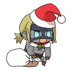  1boy :d alternate_costume blonde_hair blue_eyes blush brown_footwear chibi christmas colored_skin fate/grand_order fate_(series) gift_bag grey_skin hat highres holding holding_sack kkeiixxx long_sleeves male_focus meme muscular muscular_male no_pupils padoru_(meme) red_hat sack santa_costume santa_hat simple_background smile solo spartacus_(fate) tied_hair white_background 