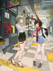  2girls :d alternate_costume amiya_(arknights) amiya_(fresh_fastener)_(arknights) animal_ear_legwear animal_ears arknights backpack bag bare_legs black_footwear black_skirt blue_eyes blue_skirt brown_hair casual commentary copyright_name emperor_(arknights) fly_tutu grey_eyes grey_hair high_heels highres holding indoors kal&#039;tsit_(arknights) loafers looking_at_another miniskirt multiple_girls official_alternate_costume open_mouth pencil_skirt photoshop_(medium) pleated_skirt rabbit_ear_legwear rabbit_ears red_scarf scarf shirt shoes short_hair short_sleeves skirt smile standing thigh_strap thighhighs thighs white_shirt white_thighhighs zettai_ryouiki 