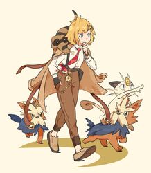  absurdres alternate_costume belt black_belt blonde_hair blue_eyes bob_cut brown_footwear brown_jacket brown_pants collared_shirt commentary crossover english_commentary female finger_to_own_chin herdier highres hololive hololive_english jacket jacket_on_shoulders jawli looking_ahead meowth necktie on_shoulder pants pointing poke_ball poke_ball_(basic) pokemon pokemon_(creature) pokemon_on_shoulder red_necktie sandile shirt short_hair solo_focus suspenders virtual_youtuber walking watson_amelia white_shirt 