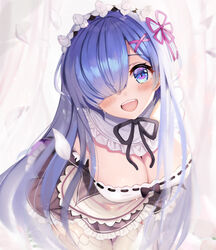  alternate_hairstyle apron arms_behind_back bent_over black_dress black_ribbon blue_eyes blue_hair blush breasts cleavage commentary_request curtains detached_collar detached_sleeves dress female frilled_dress frills hair_ornament hair_over_one_eye hairband hairclip large_breasts lolita_hairband long_hair looking_at_viewer maid neck_ribbon petals re:zero_kara_hajimeru_isekai_seikatsu rem_(re:zero) ribbon roswaal_mansion_maid_uniform solaris_(sinhyg) solo thighhighs waist_apron white_apron white_thighhighs x_hair_ornament 