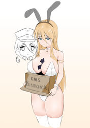  2girls absurdres alternate_costume animal_ears azur_lane ballot bare_shoulders between_breasts bismarck_(azur_lane) blonde_hair blue_eyes breast_rest breasts character_name choker commentary_request covered_nipples fake_animal_ears hair_between_eyes hat highres jackliu large_breasts leotard long_hair multiple_girls peaked_cap playboy_bunny rabbit_ears simple_background standing strapless strapless_leotard thighhighs thumbs_up tirpitz_(azur_lane) white_choker white_thighhighs yellow_background 