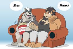  2boys alca_(wakatanka4) alca_the_lion animal_ears bara beard beenic black_tank_top casual chest_hair chibi commission couch dog_boy dog_ears english_text facial_hair food full_body furry furry_male glasses grey_fur grey_hair gyee hikaze_(hikazedragon) lion_boy lion_ears male_focus mature_male multiple_boys muscular muscular_male on_couch original pectorals popcorn second-party_source short_hair tank_top two-tone_fur white_tank_top 