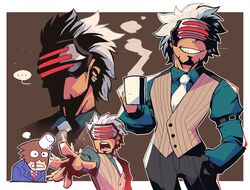  ... 2boys absurdres coffee cup facial_hair goatee godot_(ace_attorney) grin gyakuten_saiban hand_in_pocket highres holding holding_cup jacket long_sleeves male_focus mug multiple_boys multiple_views naruhodou_ryuuichi necktie open_mouth phoenix_wright:_ace_attorney_-_trials_and_tribulations rariatto_(ganguri) red_necktie simple_background smile spoken_ellipsis two-tone_background vest visor white_hair white_necktie 