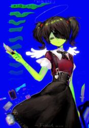  ame-chan_(needy_girl_overdose) black_eyes black_hair black_ribbon black_skirt blue_background boxcutter collared_shirt colored_skin cowboy_shot drugs female fossa_(aui-lwx) green_skin hair_ornament hair_over_one_eye hair_tie hairclip halo highres holding holding_boxcutter jirai_kei knife looking_at_viewer lsd medicine_bottle neck_ribbon needy_girl_overdose pill pill_bottle red_shirt ribbon self-harm shirt shirt_tucked_in skirt solo standing suspender_skirt suspenders twintails white_wings wings wrist_cutting x_hair_ornament 