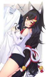  animal_ear_fluff animal_ears bad_id bad_pixiv_id black_hair black_shorts blush border breasts clothes_hanger commentary_request female hair_between_eyes hair_ornament hairclip highres holding holding_clothes holding_shirt hololive long_hair looking_at_viewer looking_back medium_breasts multicolored_hair official_alternate_costume ookami_mio ookami_mio_(casual) open_mouth otaku_heishi red_hair shirt short_shorts shorts solo streaked_hair tail two-tone_hair very_long_hair virtual_youtuber white_shirt wolf_ears wolf_girl wolf_tail yellow_eyes 