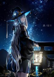  absurdres bad_id bad_pixiv_id black_headwear black_skirt blue_eyes blush braid character_name cowboy_shot female from_behind galaxy hair_between_eyes hat highres long_hair long_sleeves looking_at_viewer looking_back mito_w night night_sky original outdoors parted_lips ribbon-trimmed_headwear ribbon_trim shiki_no_akari skirt sky standing star_(sky) starry_sky tomoshibi_no_majo torii very_long_hair white_hair witch witch_hat 