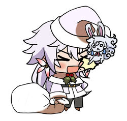  &gt;_&lt; 1boy :d alternate_costume blush brown_footwear chibi christmas creature derivative_work ear_piercing earrings fate/grand_order fate_(series) flower_earrings fou_(fate) fur-trimmed_jacket fur_trim gift_bag hat highres holding holding_sack jacket jewelry kicking kkeiixxx long_hair long_sleeves male_focus meme merlin_(fate) no_pupils padoru_(meme) piercing red_headwear sack santa_costume santa_hat smile solo_focus white_background white_hair 