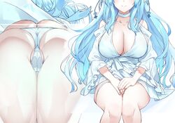  against_glass alternate_costume ass blue_hair breasts bursting_ass butt_crack cameltoe cleavage dress female from_below glass highres hololive kiyu_rei large_breasts light_blue_hair long_hair multiple_views no_bra panties partially_visible_vulva pointy_ears sitting skindentation thick_thighs thighs tight_clothes undersized_clothes underwear very_long_hair virtual_youtuber white_dress white_panties yellow_eyes yukihana_lamy 