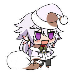  1boy :d alternate_costume blush brown_footwear chibi christmas ear_piercing earrings fate/grand_order fate_(series) flower_earrings fur-trimmed_jacket fur_trim gift_bag hat highres holding holding_sack jacket jewelry kkeiixxx long_hair long_sleeves male_focus meme merlin_(fate) no_pupils padoru_(meme) piercing red_hat sack santa_costume santa_hat smile solo white_background white_hair 