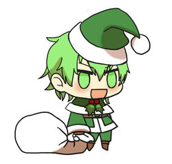  1boy :d alternate_costume blush brown_footwear chibi christmas david_(fate) fate/grand_order fate_(series) fur-trimmed_jacket fur_trim gift_bag green_eyes green_hair green_hat green_jacket hat highres holding holding_sack jacket kkeiixxx long_sleeves male_focus meme no_pupils padoru_(meme) red_hat sack santa_costume santa_hat simple_background smile solo white_background 