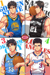  &gt;_o 4boys animification ball basketball_jersey basketball_uniform batman_(series) black_hair blowing_bubbles blue_eyes chewing_gum closed_mouth damian_wayne dc_comics dick_grayson golden_state_warriors holding holding_ball jason_todd looking_at_viewer los_angeles_clippers multicolored_hair multiple_boys national_basketball_association oklahoma_city_thunder one_eye_closed redrico san_antonio_spurs short_hair smile sportswear streaked_hair tim_drake two-tone_hair white_hair wristband 