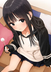  black_eyes black_hair black_skirt blush commentary_request drawstring feet_out_of_frame female from_above highres holding hood hood_down hoodie kentaurosu long_hair long_sleeves looking_at_viewer matsuno_chiya mimikaki original parted_lips pillow pleated_skirt sitting skirt sleeves_past_wrists solo very_long_hair white_hoodie 