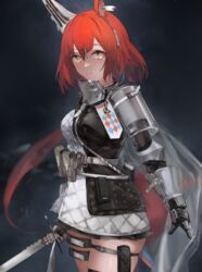  animal_ears arknights armor belt belt_pouch black_skirt breasts closed_mouth commentary cowboy_shot dark_background dress elbow_pads female flametail_(arknights) gambeson gauntlets highres holding holding_sword holding_weapon long_hair looking_at_viewer low_ponytail medium_breasts miniskirt pleated_skirt pouch red_hair skindentation skirt smile smoke solo squirrel_ears squirrel_girl squirrel_tail strapless strapless_dress sword symbol-only_commentary tail thigh_strap unitsu very_long_hair weapon yellow_eyes 