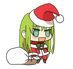  1other :d alternate_costume androgynous blush brown_footwear chibi christmas enkidu_(fate) fate/grand_order fate_(series) fur-trimmed_jacket fur_trim gift_bag green_eyes green_hair hat highres holding holding_sack jacket kkeiixxx long_hair long_sleeves meme no_pupils padoru_(meme) pants red_hat red_jacket red_pants sack santa_costume santa_hat simple_background smile solo white_background 