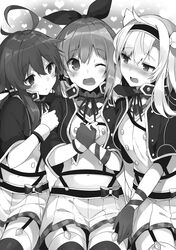  3girls ahoge alzano_school_uniform asymmetrical_gloves blush bow choker crop_top garter_straps girl_sandwich gloves greyscale hair_between_eyes hairband hairbow highres long_hair midriff miniskirt mishima_kurone monochrome multiple_girls navel neck_ribbon non-web_source novel_illustration official_art one_eye_closed pleated_skirt ribbon rokudenashi_majutsu_koushi_to_akashic_record rumia_tingel ryiel_rayford sandwiched school_uniform single_glove sistine_fibel sitting skirt stomach thigh_strap uneven_gloves very_long_hair wavy_mouth yuri 