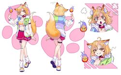  absurdres animal_ears braid breasts brown_eyes cat_ears cat_girl cat_tail cleavage commission crop_top english_commentary female fire half-closed_eyes highres indie_virtual_youtuber jacket kitanya_nyanta looking_to_the_side loose_socks medium_breasts midriff multiple_views open_clothes open_hand open_jacket parted_bangs projekt_mercury reference_sheet second-party_source shoes short_hair side_braid smile sneakers socks surprised tail virtual_youtuber white_jacket 