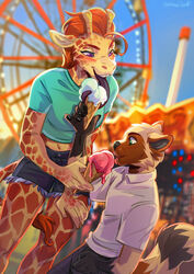  amusement_ride anthro bottomwear clothing dessert duo female ferris_wheel food giraffe giraffid horn ice_cream ice_cream_cone interspecies kammi-lu larger_female legend_of_ahya licking long_tongue male mammal marle_talbender_(darkflamewolf) max_thrash midriff procyonid raccoon sharing sharing_food shorts size_difference smaller_male tongue tongue_out 