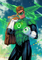  1boy abs aircraft airplane black_bodysuit bodysuit brown_hair brown_jacket closed_mouth cloud day dc_comics domino_mask gloves green_bodysuit green_lantern green_lantern_(series) hal_jordan holding holding_clothes holding_jacket jacket jewelry large_pectorals male_focus mask muscular muscular_male outdoors pectorals redrico ring short_hair sky smile solo superhero_costume two-tone_bodysuit unworn_jacket white_gloves 