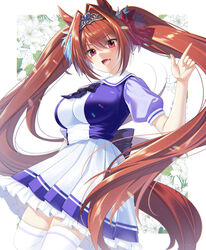  animal_ears bow bowtie breasts brown_hair daiwa_scarlet_(umamusume) female hair_intakes highres horse_ears horse_girl horse_tail large_breasts long_hair looking_at_viewer miniskirt oerba_yun_fang open_mouth pleated_skirt puffy_short_sleeves puffy_sleeves purple_shirt red_eyes sailor_collar sailor_shirt school_uniform shirt short_sleeves skirt smile solo summer_uniform suzuki_nene tail thighhighs tiara tracen_school_uniform twintails umamusume very_long_hair white_skirt white_thighhighs 