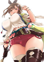  atelier_(series) atelier_ryza atelier_ryza_1 bare_shoulders belt beret blue_belt blush boots breasts brown_belt brown_eyes brown_gloves brown_hair camisole covered_nipples drawstring female flask gloves hair_ornament hairclip hat highres hood hooded_vest hoodie jacket kemigawa_mondo large_breasts leather leather_belt leather_gloves open_mouth red_shorts reisalin_stout revision round-bottom_flask see-through short_hair short_shorts shorts simple_background single_glove sleeveless sleeveless_jacket solo staff thigh_boots thighhighs thighs vest vial white_background white_camisole white_hat yellow_jacket 