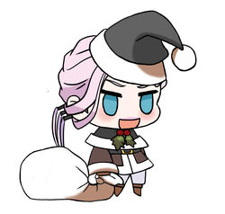  1boy :d alternate_costume blue_eyes blush brown_footwear chibi christmas commentary fate/grand_order fate_(series) fur-trimmed_jacket fur_trim gift_bag grey_hat hat highres holding holding_sack jacket kkeiixxx long_hair long_sleeves male_focus meme no_pupils padoru_(meme) pink_hair red_hat sack santa_costume santa_hat scandinavia_peperoncino simple_background smile solo white_background 