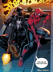  2boys agent_venom assault_rifle blue_bodysuit bodysuit boots dated english_text explosion falling_rock fighting_stance firing flash_thompson gun h&amp;k_hk416 holding holding_gun holding_weapon knee_pads male_focus marvel multiple_boys peter_parker red_bodysuit redrico rifle shoulder_pads shoulder_spikes signature speech_bubble spider-man spider-man_(series) spider_web_print spikes submachine_gun superhero_costume two-tone_bodysuit venom_(marvel) weapon 