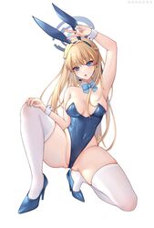  absurdres animal_ears arm_up asagiri_ai bare_shoulders blonde_hair blue_archive blue_bow blue_eyes blue_hairband blue_halo blue_leotard blue_nails bow bowtie braid breasts commentary detached_collar fake_animal_ears female full_body groin hairband halo high_heels highleg highleg_leotard highres leotard long_hair official_alternate_costume official_alternate_hairstyle playboy_bunny rabbit_ears simple_background solo squatting strapless strapless_leotard thighhighs thighs toki_(blue_archive) toki_(bunny)_(blue_archive) v very_long_hair white_background white_thighhighs wrist_cuffs 