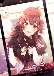  black_footwear black_gloves blush cellphone_photo center_frills dutch_angle female frills gloves head_tilt heart heart_hands highres idolmaster idolmaster_shiny_colors komiya_kaho kusaka_io looking_at_viewer neck_ribbon puffy_short_sleeves puffy_sleeves red_eyes ribbon short_sleeves smile solo viewfinder 