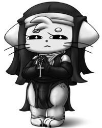  alpha_channel anthro binario_(superbinario) black_and_grey bulge clothed clothing cross cross_eyes detailed_bulge domestic_cat felid feline felis fur genital_outline greyscale hair kemono legwear male mammal monochrome nun_habit nun_outfit penis_outline religious_clothing sand_cat smile solo superbinario 