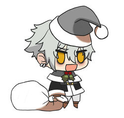  1boy :d alternate_costume bags_under_eyes blush brown_footwear chibi christmas earrings fate/grand_order fate_(series) fur-trimmed_jacket fur_trim gift_bag grey_hat grey_jacket hat highres holding holding_sack jacket jewelry kadoc_zemlupus kkeiixxx long_sleeves male_focus meme no_pupils padoru_(meme) red_hat sack santa_costume santa_hat simple_background smile solo white_background 